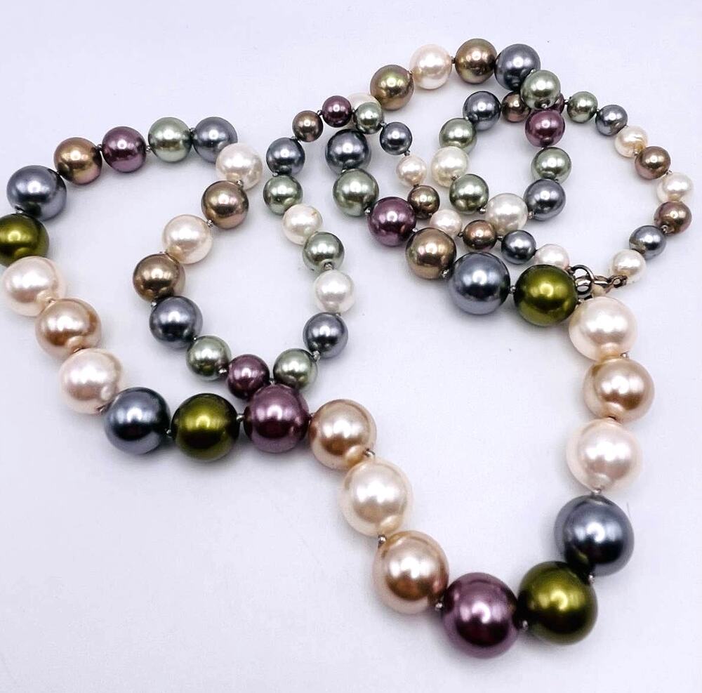 36" Graduated Metallic Multicolor Beads Necklace Knotted LUO 925 Lobster Clasp